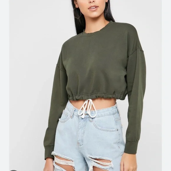 Zara Tops Zara Army Green Drawstring Cropped Sweatshirt Medium